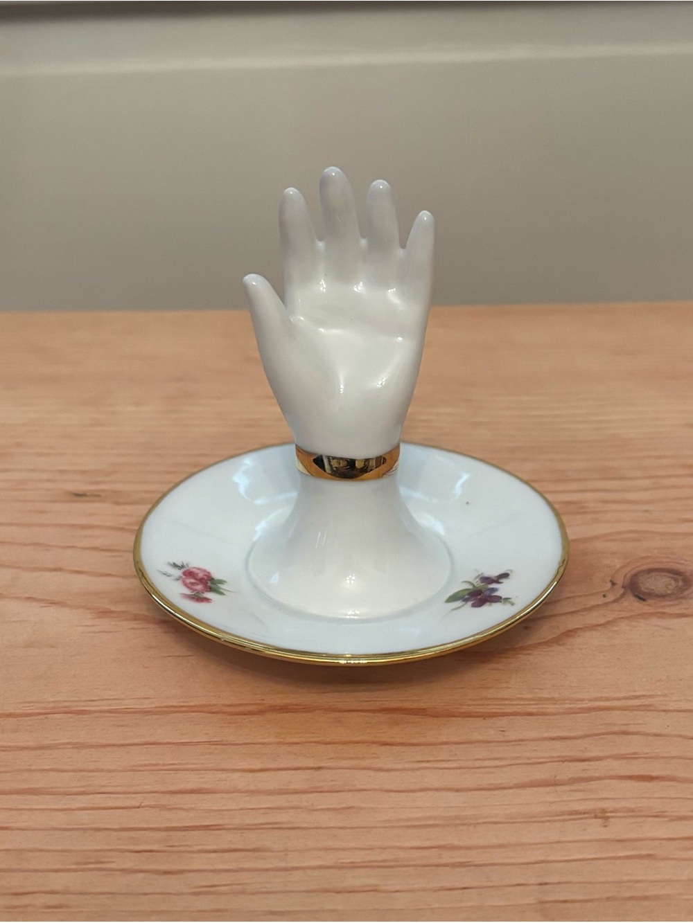 Porcelain Hand Ring Holder Jewelry Dish - White with Gold Trim